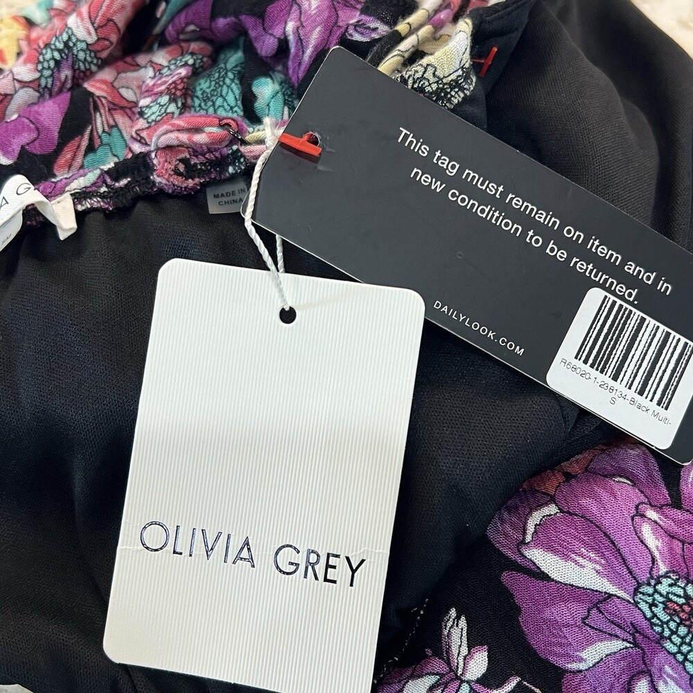 NWT Olivia Grey Floral Maxi Wrap Dress Small Black Pink Purple Ruffle Sleeveless - Picture 11 of 14